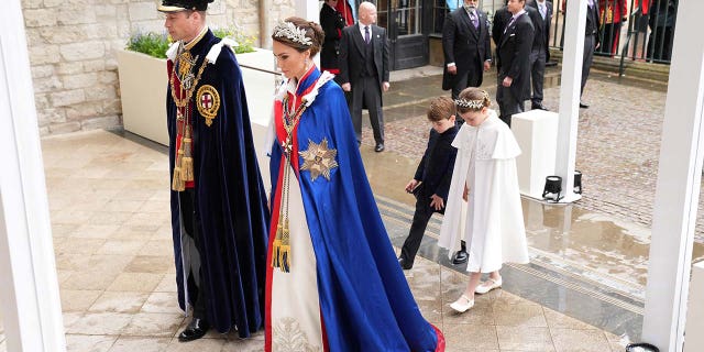 Prince and Princess of Wales, Prince William and Kate Middleton, Prince Louis and Princess Charlotte arrive for the coronation