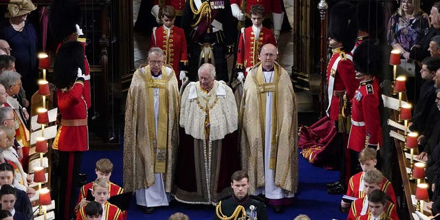 King Charles III arrives for his coronation at Westminster Abbey, London.