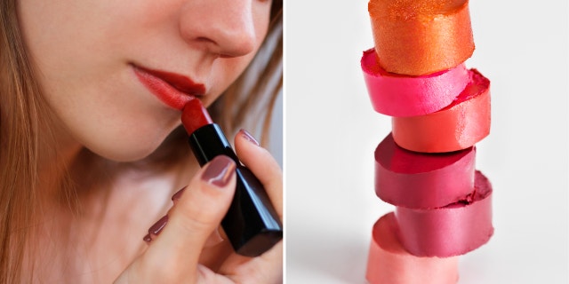 Woman applies lipstick while looking into mirror (left). Sliced pieces of lipstick stacked (right).