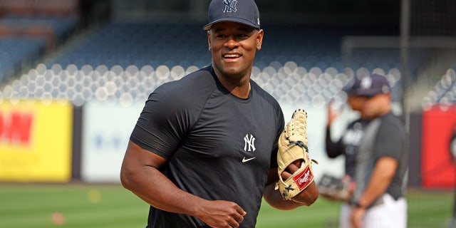Luis Severino smiles before the match