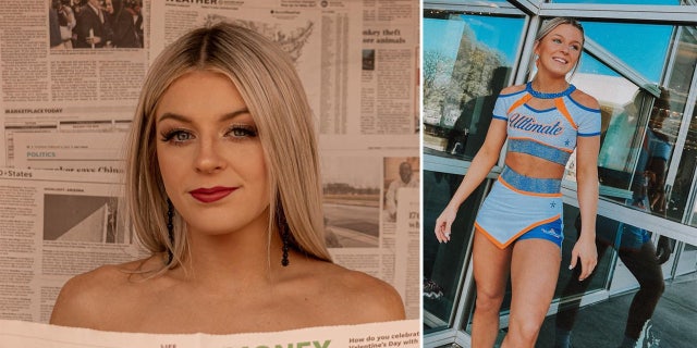 Madi Lane, 22, posing in front of newspapers and in a cheerleading outfit.