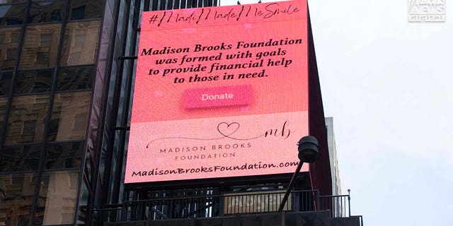 A billboard for the Madison Brooks Foundation is seen on display in Times Square