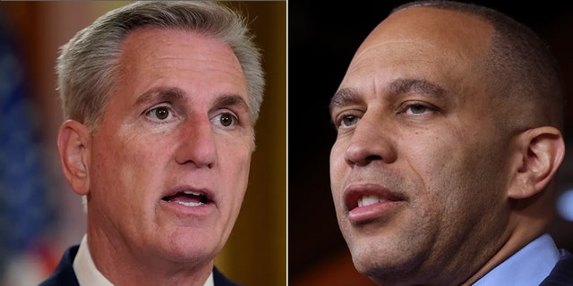 A split image showing Speaker of the House Kevin McCarthy and House Minority Leader Hakeem Jeffries