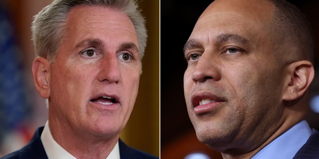 A split image showing Speaker of the House Kevin McCarthy and House Minority Leader Hakeem Jeffries