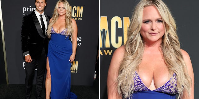 Miranda Lambert sports revealing blue gown on red carpet at country music awards