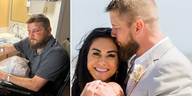 Aric Hutchinson in the hospital next to a photo of the couple on their wedding day.