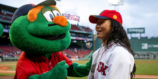 Olivia Pichardo with Red Sox mascot