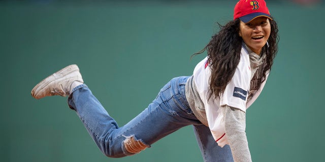 Olivia Pichardo throws out the first pitch