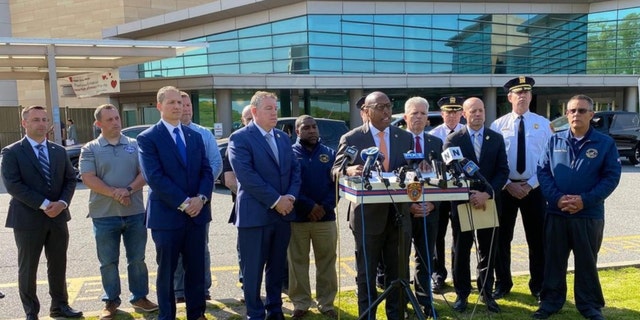 A press conference in front of Stony Brook University Hospital.