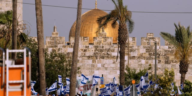 Old City of Jerusalem, Israelis waving flags