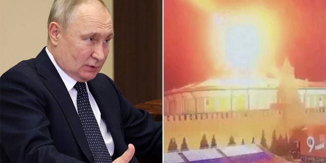 Split image of Russian President Vladimir Putin and drone shot down