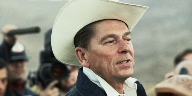 Then-California Gov. Ronald Reagan wears a cowboy hat during a trail ride on Dec. 5, 1968, at the GOP Governor's Conference.