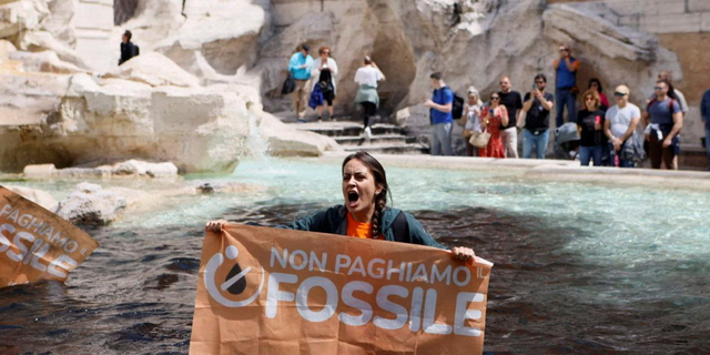 Protester holds sign at Trevi Fountain in Rome, Italy