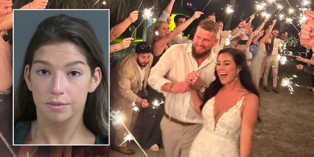 Jamie Komoroski's booking photo and a picture of the wedding.