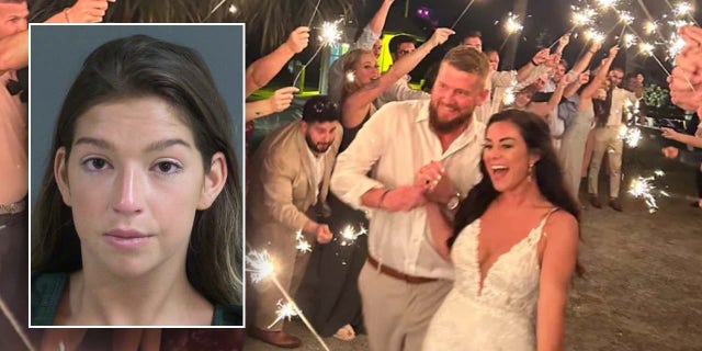 Jamie Komoroski's booking photo and a picture of the wedding.