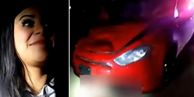 Stephanie Melgoza smirking, left, car at right