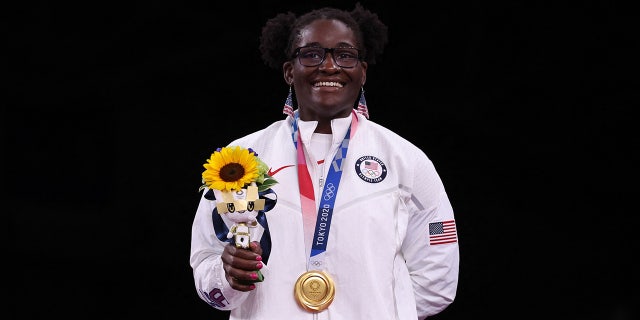 Gold medalist USAs Tamyra Mariama Mensah-Stock poses