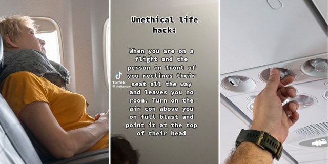 Three-split video: Woman reclined in plane seat, theLKshow's TikTok video and man's hand adjusts air conditioner.