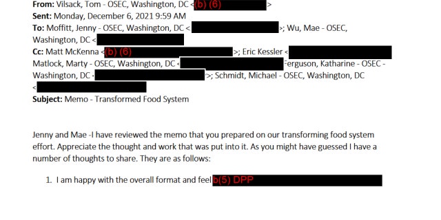 Vilsack provides comment on an internal memo about "transforming food systems" in an email copying Kessler.