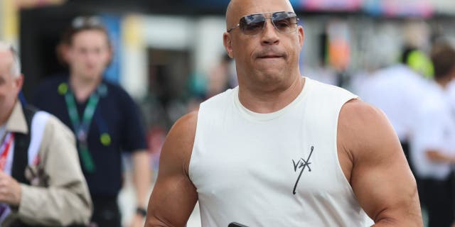 Fast and Furious star Vin Diesel wore a white shirt and sunglasses at F1 race