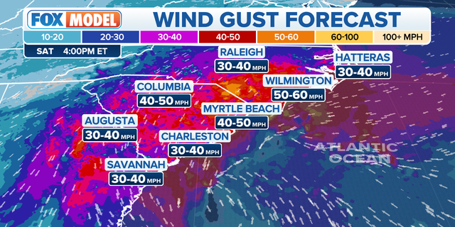 Wind gusts forecast in the Mid-Atlantic and Southeast