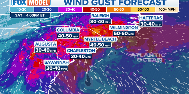 Wind gusts forecast in the Mid-Atlantic and Southeast