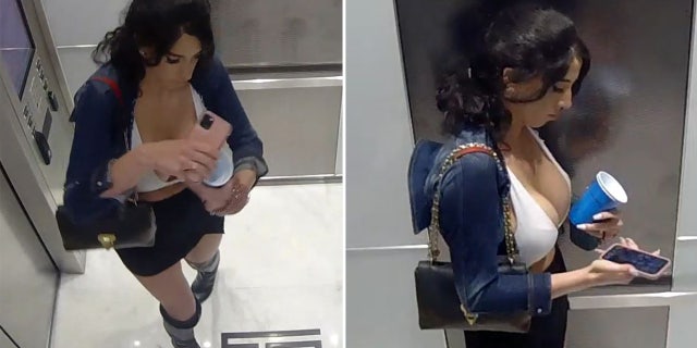 Surveillance stills of brunette woman in elevator wearing white halter top and a black miniskirt in Miami.