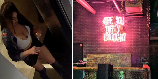 Alleged thief wearing white halter top, black miniskirt next to interior shot of Dirty Rabbit.