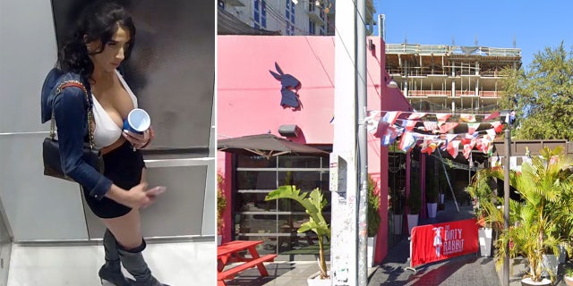 Woman in a white halter top and black mini skirt next to a picture of the entrance to Dirty Rabbit in Miami