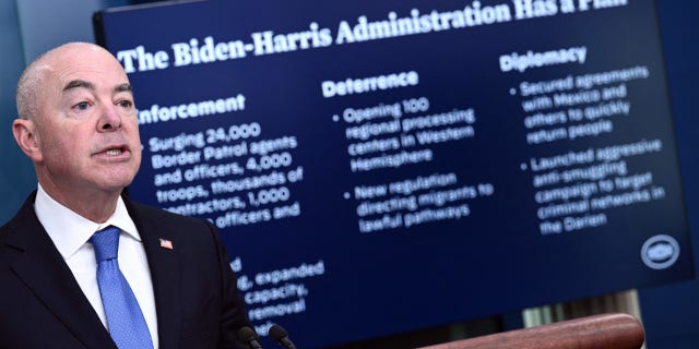 US Homeland Security Secretary Alejandro Mayorkas speaks during the daily press briefing in the Brady Press Briefing Room of the White House in Washington, DC, on May 11, 2023.