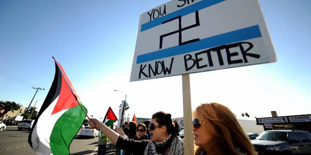 Protesters shout anti-Israeli slogans during a demonstration in Anaheim, Calif., on Jan. 4, 2009.