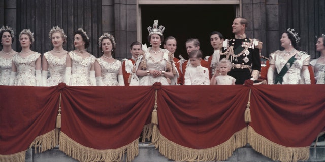 The royal family standing on the balcony after Queen Elizabeth's coronation