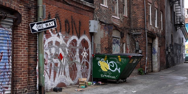 Graffiti covers brick buildings and a dumpster in Baltimore, Maryland