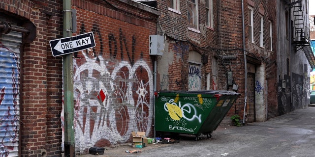 Graffiti covers brick buildings and a dumpster in Baltimore, Maryland