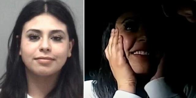 Stephanie Melgoza mug shot, left, smiling at crash right