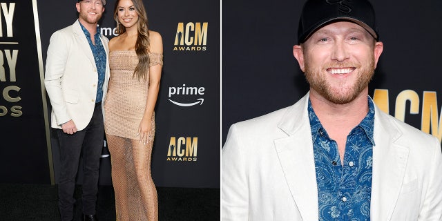 Cole Swindell wears white blazer and blue button-down shirt at ACM Awards with fiancee Courtney Little in a sheer nude dress