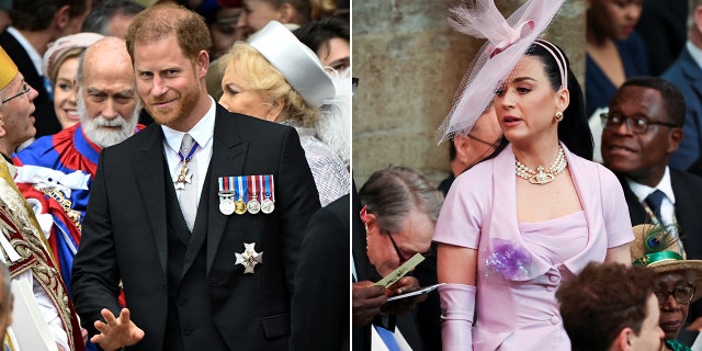 Prince Harry surrounded by people gives a small wave by his hips wearing a dark suit with his medals at the coronation split Katy Perry in a lilac dress and matching hat looks for her seat inside Westminster Abbey