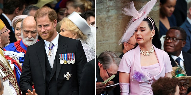 Prince Harry surrounded by people gives a small wave by his hips wearing a dark suit with his medals at the coronation split Katy Perry in a lilac dress and matching hat looks for her seat inside Westminster Abbey