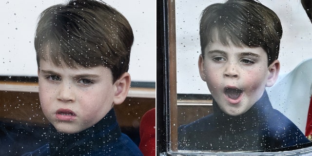 Prince Louis in a chariot on his way to the Kings' coronation shows disdain in a funny scowl split Prince Louis yawns