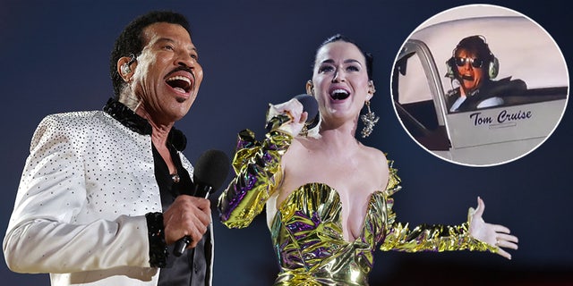 Katy Perry wears sparkling gold dress, Lionel Richie sings in white blazer, Tom Cruise flies a plane