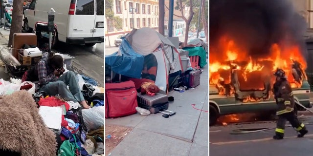 Photos show tents, trash and a burning vehicle in San Francisco, California