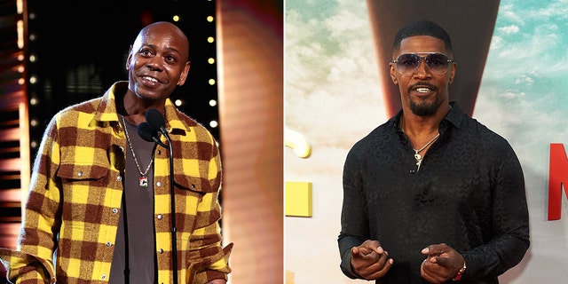 Dave Chappelle stands on stage behind a microphone wearing a yellow plaid shirt split Jamie Foxx on the red carpet in a black shirt and shaded sunglasses