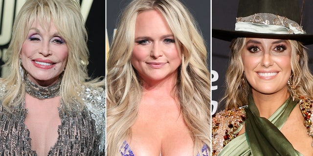 Dolly Parton and Miranda Lambert wear sparkling gowns, Lainey Wilson wears green jumpsuit at ACMs