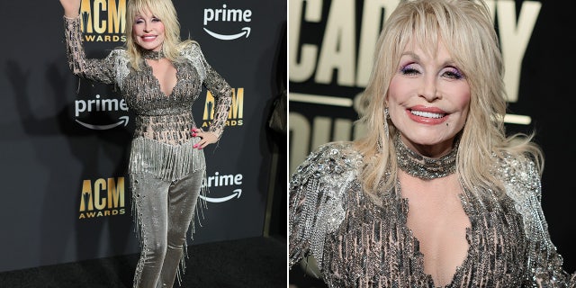 Dolly Parton rocks sparkling silver pantsuit with plunging neckline at American Country Music Awards