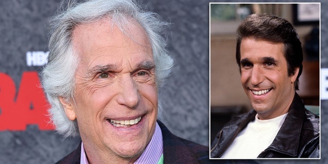 Henry Winkler smiles to his left in a plaid jacket with a bright green and lilac collar on the red carpet inset a photo of him in a brown leather jacket and white t-shirt playing "The Fonz" on "Happy Days"