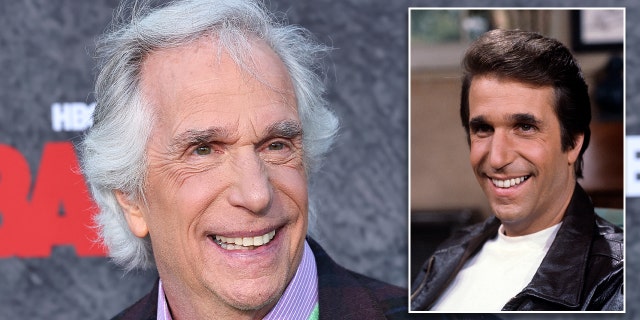 Henry Winkler smiles to his left in a plaid jacket with a bright green and lilac collar on the red carpet inset a photo of him in a brown leather jacket and white t-shirt playing "The Fonz" on "Happy Days"