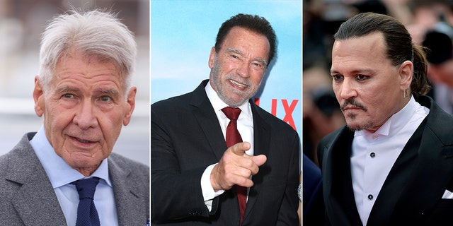 three split of Harrison Ford, Arnold Schwarzenegger, and Johnny Depp