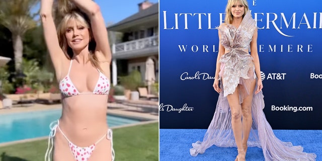 A split image of Heidi Klum in a bikini and again at a movie premiere.