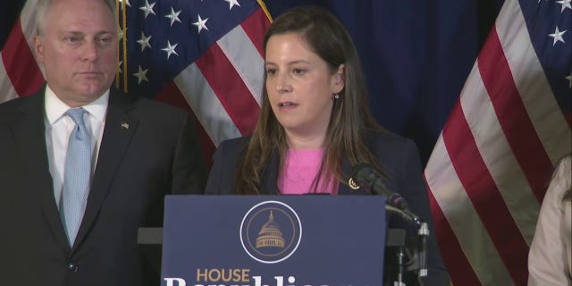 Rep. Elise Stefanik speaks at podium next to Rep. Steve Scalise