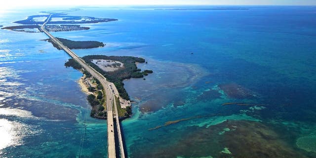 Drone shot of the Seven Mile Bridge in the Florida Keys.